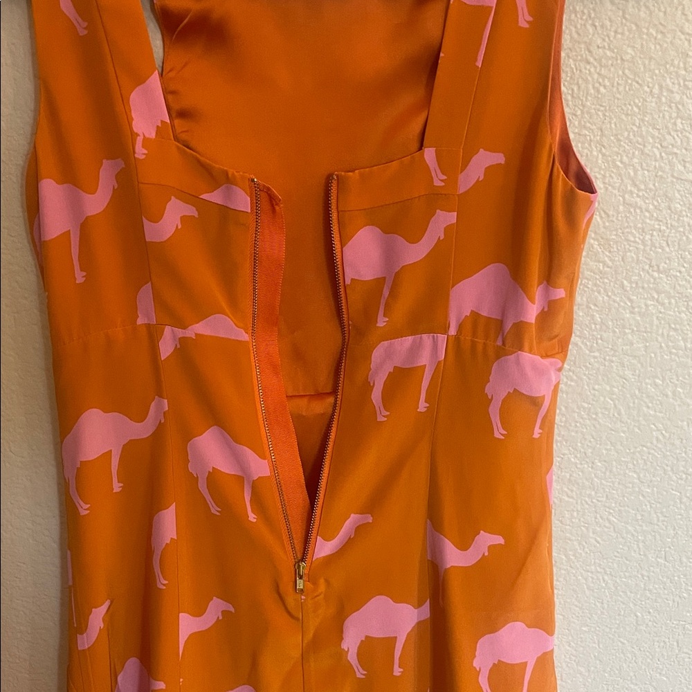 Charlotte Taylor 100% Silk Orange Dress with Pink Camel Print - Picture 16 of 17